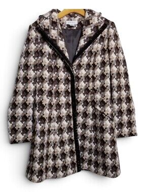 Vintage Nine West Wool Tweed Coat S Houndstooth Sequin Velvet Trim Brown & Cream